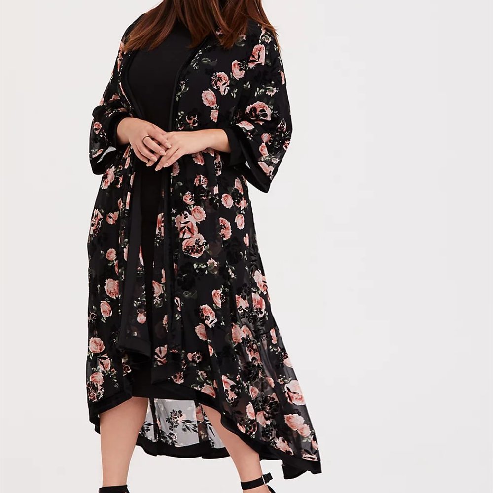 Black Chiffon Floral Longline Kimono